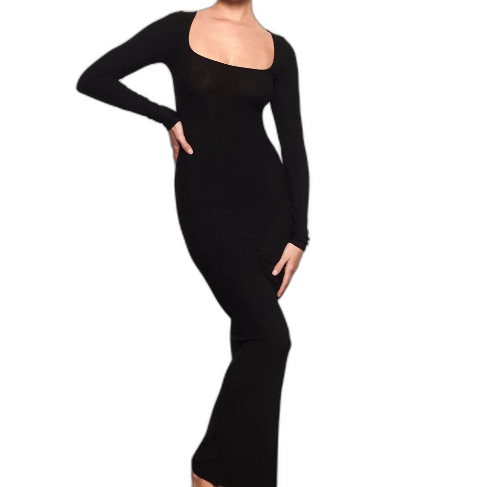 Skims Soft Lounge Long Sleeve Maxi Dress Black Ribbed Stretch M